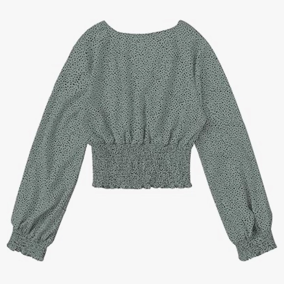 V Neck Shirred Polka Dots Long Sleeve Frill Crop Blouse Green - Picture 3 of 3